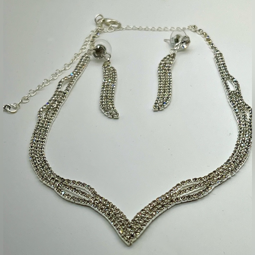 Bridgerton Ball or Holiday Party Rhinestones 16” Necklace and Earrings Set